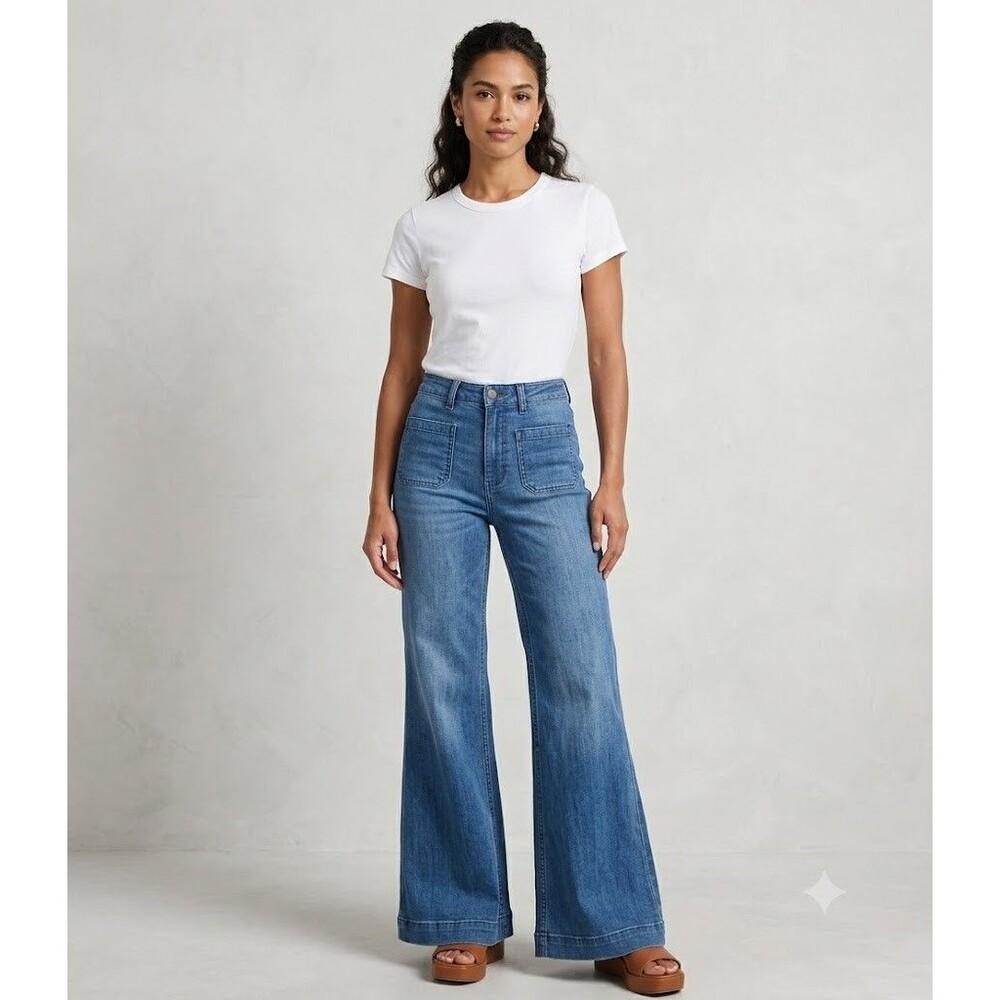 NWT Flamingals Womens XS Wide Leg Mid Rise Jeans Front Patch Pockets - Picture 11 of 11